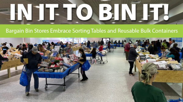 Reusable plastic sorting tables and bulk containers now used in bargain bin stores